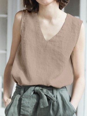 Cotton Solid V  neck Casual Sleeveless Tank Top