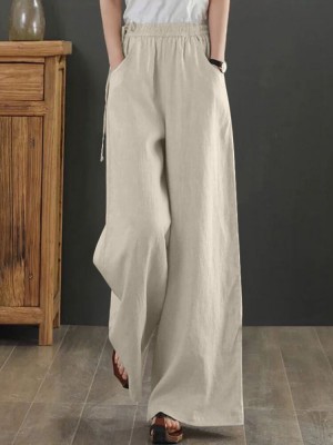 Women Solid Drawstring Waist Pocket Wide Leg Pants