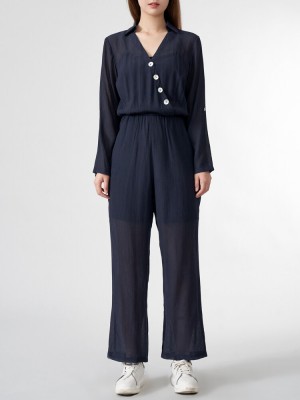 Solid Wrap Button Lapel Pocket Long Sleeve Jumpsuit