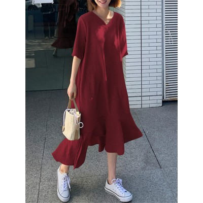 Leisure Solid Ruffle V Neck Midi Casual Dress