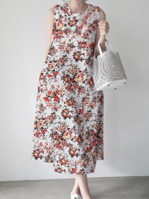 Flower Print Sleeveless Round Neck Print Dress