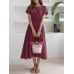 Solid Drawstring Short Sleeve Round Neck Casual Midi Dress