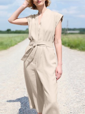 Solid Sash V Neck Pocket Sleeveless Casual Cotton Jumpsuit