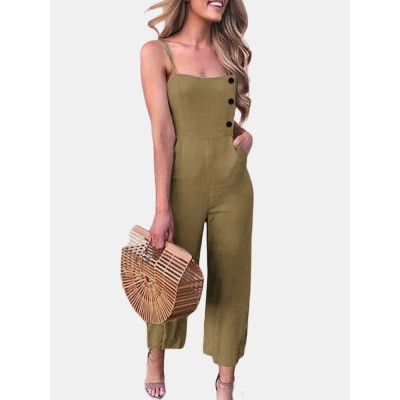 Solid Color Button Pocket Zipper Strap Sleeveless Loose Casual Jumpsuit