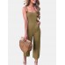 Solid Color Button Pocket Zipper Strap Sleeveless Loose Casual Jumpsuit