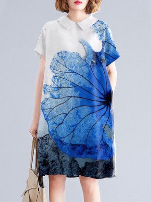 Leaves Print Peter Pan Collar Pocket Keyhole Back Dress