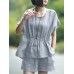 Leisure Solid Pocket Ruched High  Low Hem Elastic Waist Cotton Suit