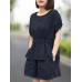 Leisure Solid Pocket Ruched High  Low Hem Elastic Waist Cotton Suit