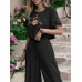 Embroidery Drawstring Waist Ruffle Wide Leg Two Pieces Suit