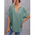 Solid V Neck Short Sleeve Loose Casual Blouse