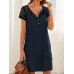 Solid Button Pocket Patchwork Hollow Out Short Sleeve Casual Dress