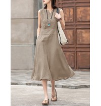 Solid Sleeveless Pocket Crew Neck Casual Dress