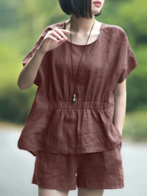 Leisure Solid Pocket Ruched High  Low Hem Elastic Waist Cotton Suit