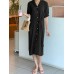 Solid Button Knotted Lapel Casual Shirt Dress