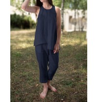 Solid Round Neck Sleeveless Irregular Hem Casual Cotton Suit