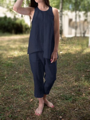 Solid Round Neck Sleeveless Irregular Hem Casual Cotton Suit