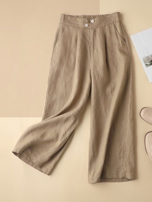 Solid Pocket Zip Front Elastic Waist Straight Leg Pants