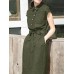 Solid Button Pocket Sash Lapel Casual Cotton Midi Dress