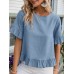 Solid Ruffle Round Neck Short Sleeve Casual Blouse