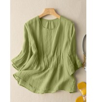 Solid Crew Neck Casual Women 3 4 Sleeve Blouse