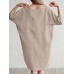 Solid Color 3 4 Sleeve O  neck Pocket Cotton Dress