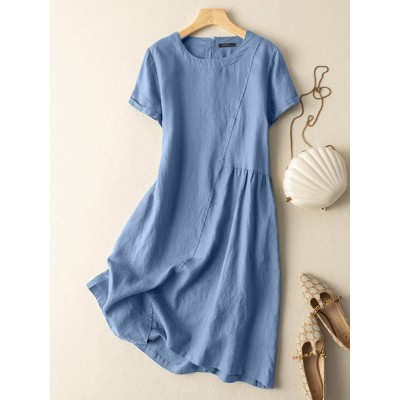 Solid Short Sleeve Crew Neck Casual Dress For Women