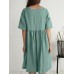 Solid Button Ruched Half Sleeve Casual Cotton Midi Dress