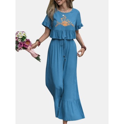 Embroidery Drawstring Waist Ruffle Wide Leg Two Pieces Suit