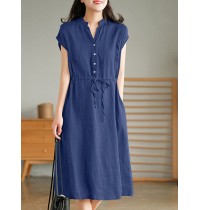 Solid Pocket Drawstring Waist Button V  neck Short Sleeve Dress