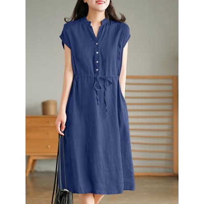 Solid Pocket Drawstring Waist Button V  neck Short Sleeve Dress