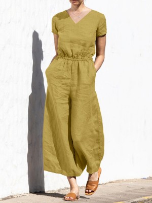 Solid Pocket Elastic Waist Short Sleeve Casual Cotton Jumpsuit