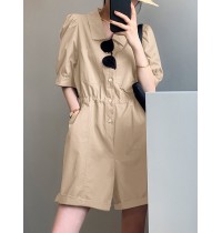 Solid Button Pocket Elastic Waist Lapel Short Sleeve Casual Romper