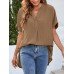 Solid Split Roll Sleeve High  Low Hem Casual Blouse