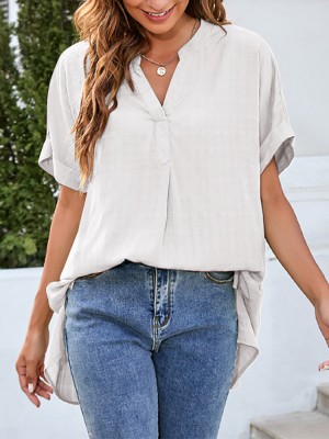 Solid Split Roll Sleeve High  Low Hem Casual Blouse