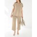 Leisure Solid Split Elastic Waist Short Sleeve Cotton Suit