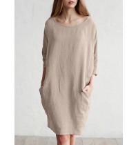 Solid Color 3 4 Sleeve O  neck Pocket Cotton Dress